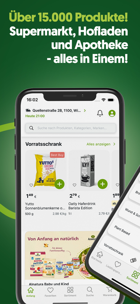 Gurkerl.at - Gurkerl app interface showing grocery products and delivery categories.