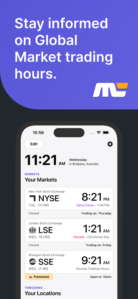 Market Clocks - Market Clocks app interface displaying real-time trading hours and holiday status for NYSE, LSE, and SSE.