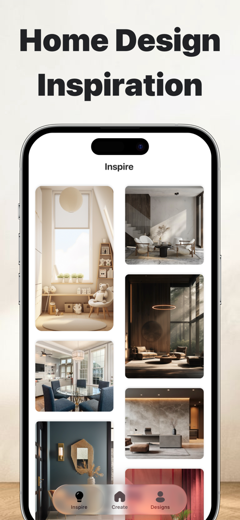 Interfaz de la aplicación House Design AI que muestra una galería de imágenes de inspiración de diseño de interiores para el hogar