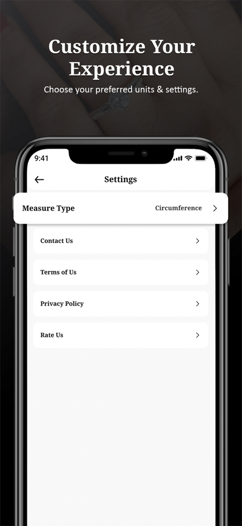 Ring Size - Find Your Size - モバイルデバイスで測定タイプオプションとサポートリンクを示すRing Sizeアプリの設定画面。