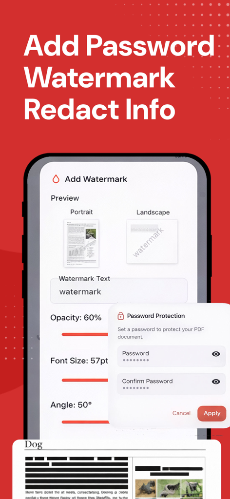 Smartphone screen displaying the myPDF app interface for adding password protection watermarks and redacting sensitive information on documents