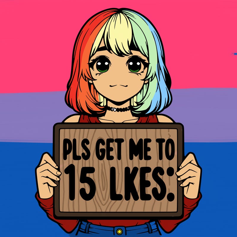 realistic girl holding up a sign that says “pls get me to 15 likes!”