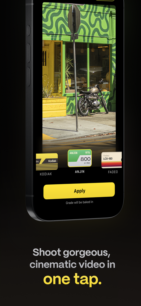 Kino - Pro Video Camera - iPhone screen showing Kino app interface with cinematic color presets and a yellow apply button for instant video grading.