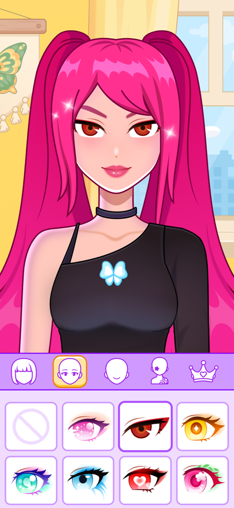 BFF Dress Up - Princess Doll - Character creator screen showing different eye style options for a pink haired princess doll