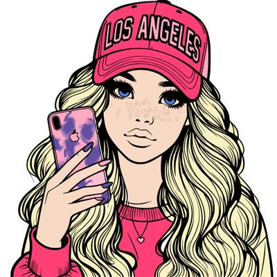 realistic beautiful girl wearing los ángeles cap holding an iphone