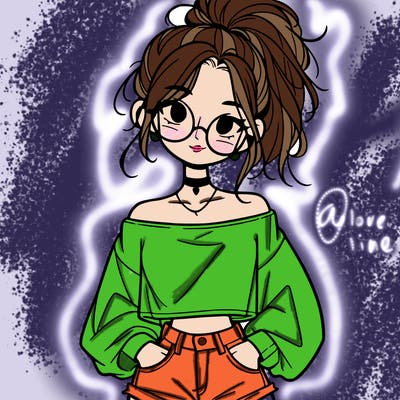 girl with a messy ponytail glasses a baggy crop top and jean shorts
