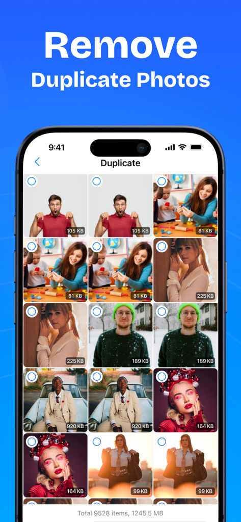 WaveGuard: Sound Clean - WaveGuard app interface displaying a grid of duplicate photos for cleaning and storage optimization