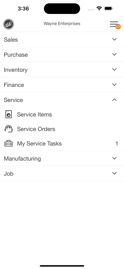 Interfaccia dell'app MobileNAV che mostra il menu principale con moduli per vendite, inventario e attività di servizio espanse