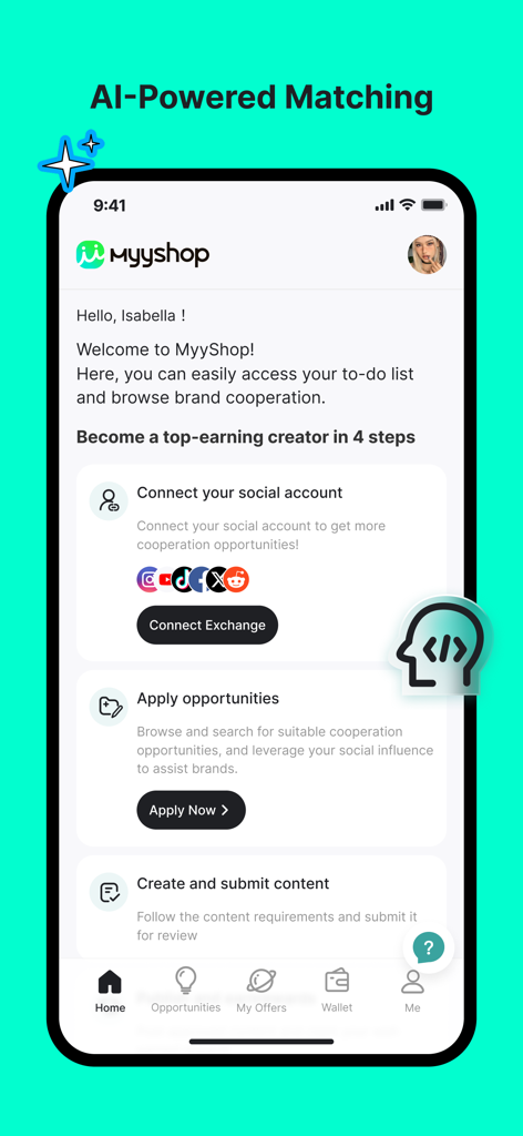 Écran d'accueil de l'application MyyShop montrant un guide pour devenir un créateur aux revenus élevés en connectant des comptes de réseaux sociaux et en postulant à des opportunités de marque