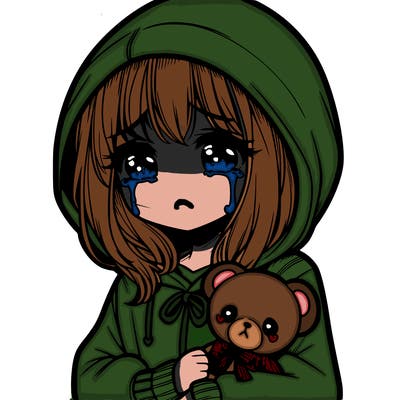 crying girl with a hoodie and the hood on her head holding a plushie