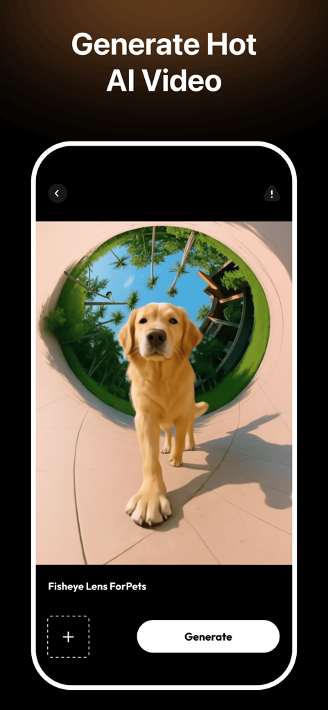A mobile app screen showing a golden retriever dog within a fisheye lens AI video effect.