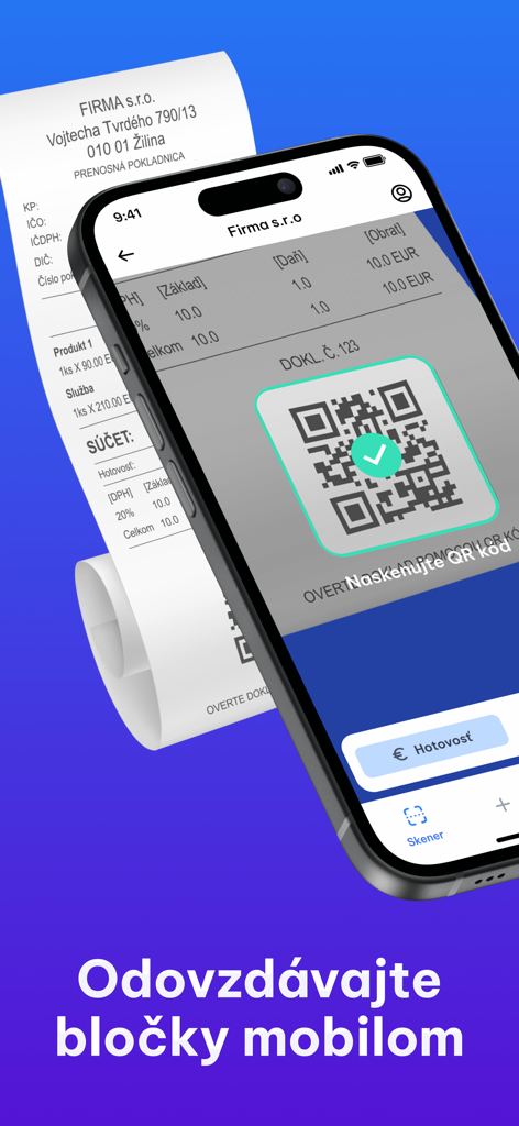 Doklado - Faktúry a bločky - Ein Smartphone, das die Doklado-App zum Scannen eines QR-Codes auf einem physischen Papierbeleg verwendet
