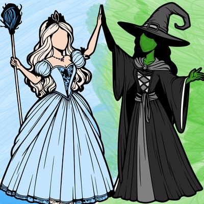 detailed realistic split of a princess and a witch