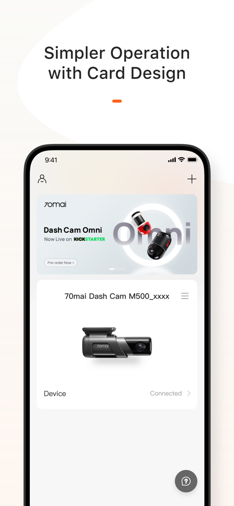 70mai (North America) - 70mai North America app screenshot showing a card-based dashboard with dash cam models Omni and M500