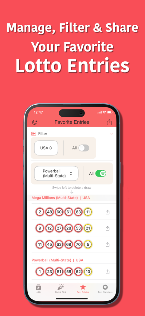 LottoPick: Lotto Number Picker - LottoPick app interface for managing and sharing favorite lottery number entries