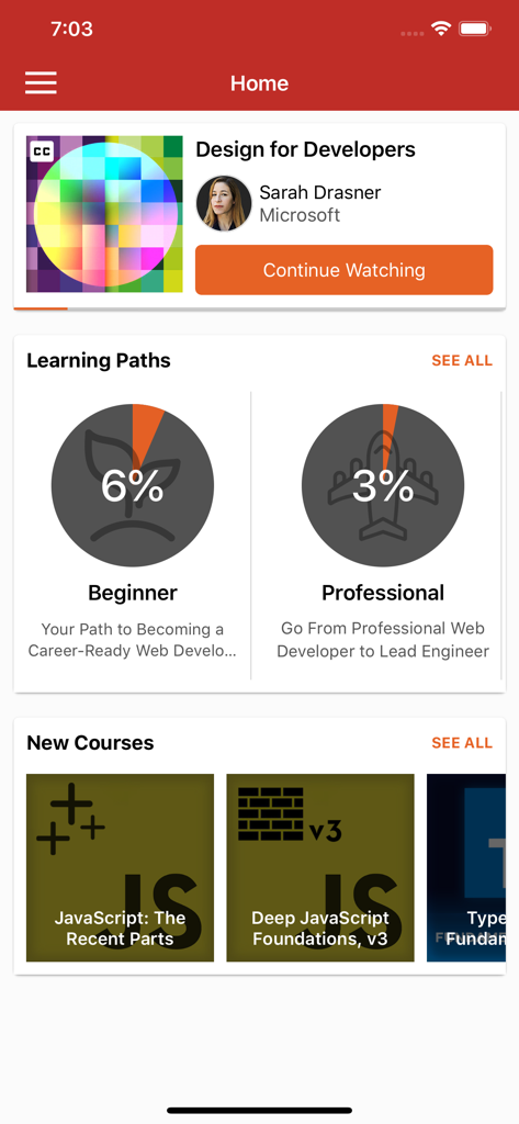 Frontend Masters mobile app home screen showing web development courses and learning path progress