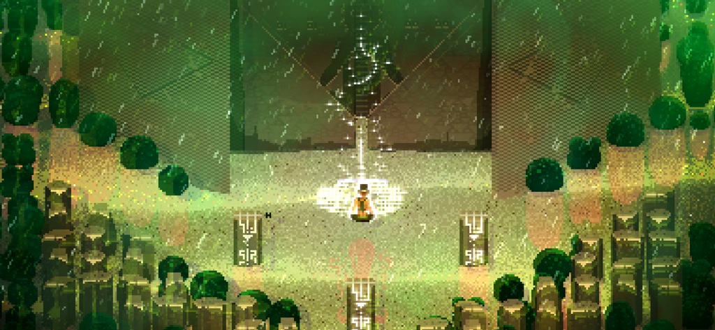 Pixel art protagonist meditating in a rainy forest in the game Songbringer