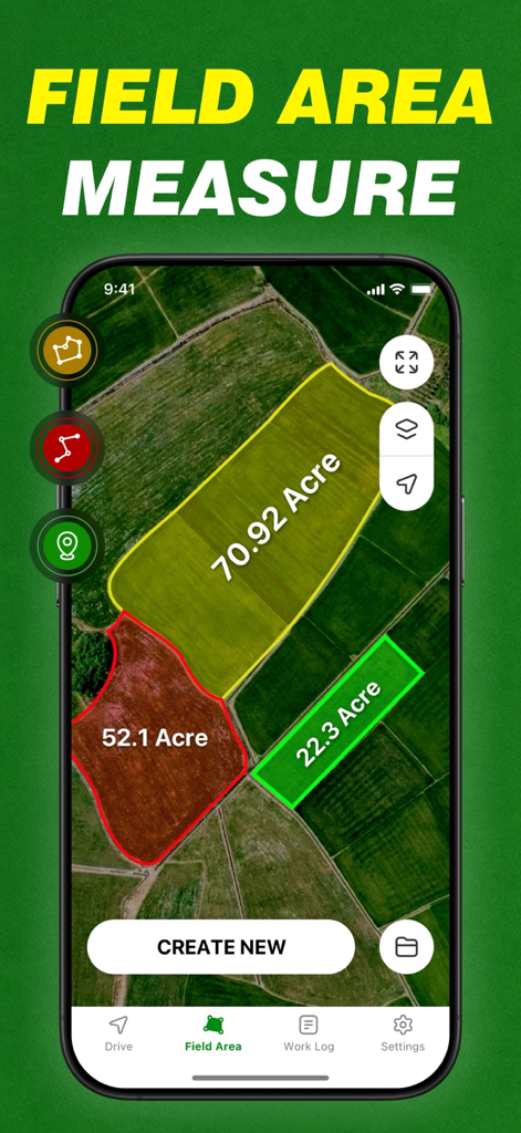 Tractor GPS Field Guidance PRO - Mobile app interface displaying agricultural field area measurements in acres on a satellite map.