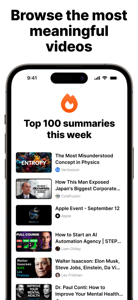 Eightify app screen displaying a list of top weekly AI generated YouTube video summaries