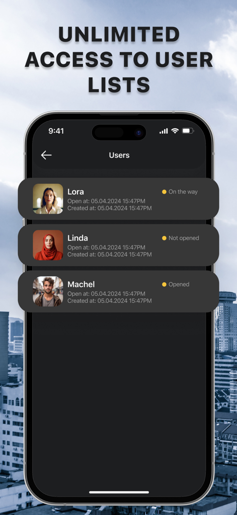 Geo Finder Tracking: GPS Find - Interface of the Geo Finder app showing a list of family members and their current tracking status such as on the way or opened