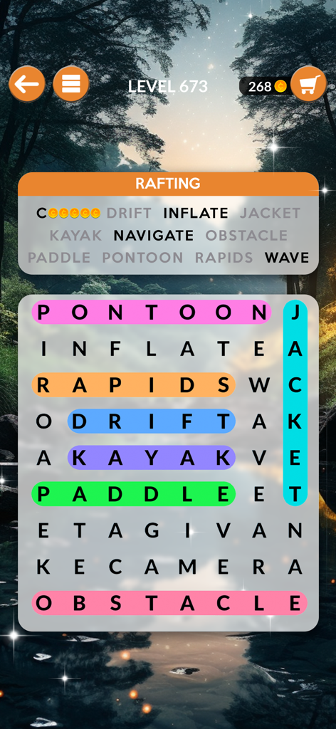 Gameplay-Screenshot von Wordscapes Search, der ein Wortfindungsrätsel mit einem Rafting-Thema und einem entspannenden Naturhintergrund zeigt.