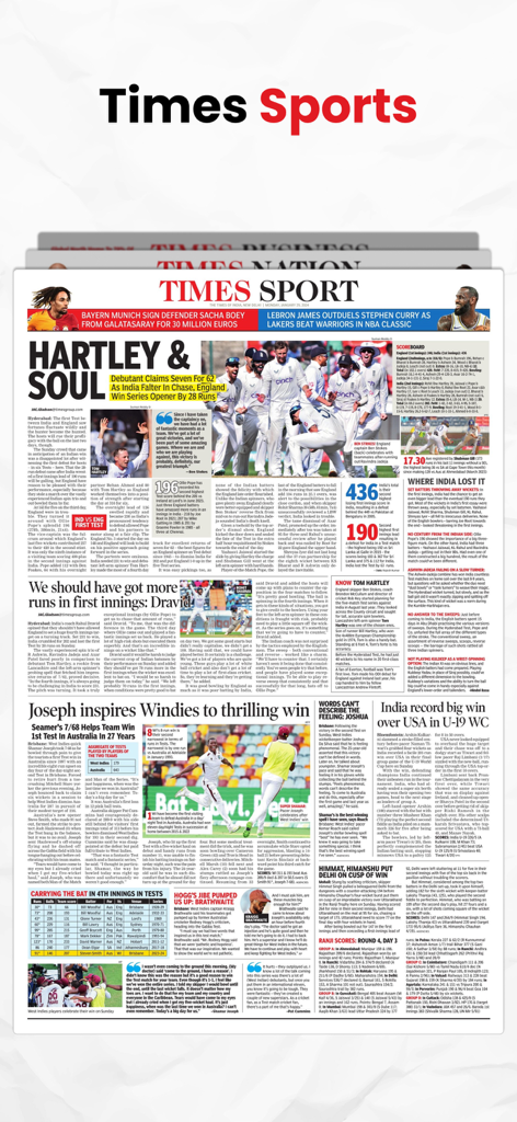 Digital version of Times of India sports newspaper page with cricket headlines
