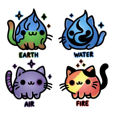 4 cats that represent the different elements, earth, water, air, and fire