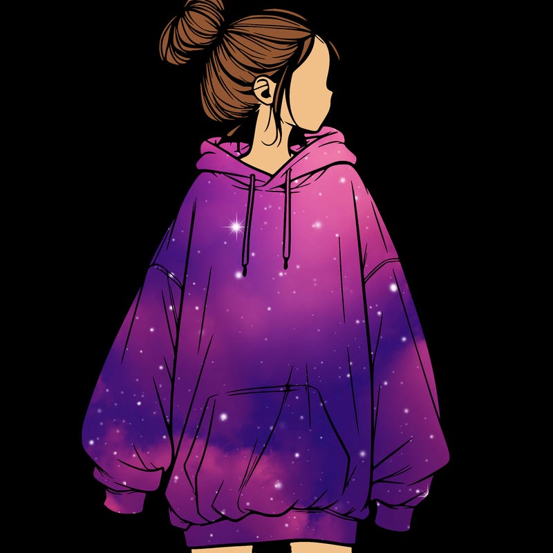 realistic girl with a oversized sweatshirt on and a bun