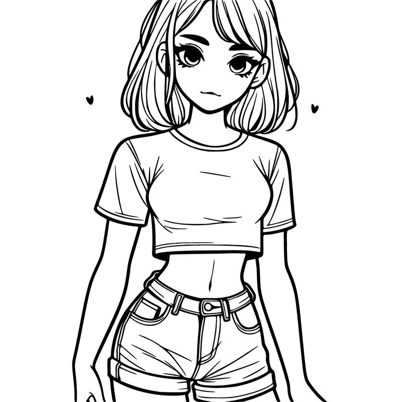 a girl with jean shorts and a crop shirt with freckles and a slim waist