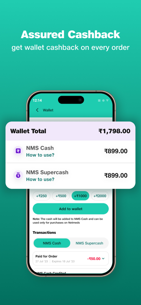 Écran du portefeuille de l'application de pharmacie Netmeds montrant le cashback assuré et le solde de trésorerie NMS.