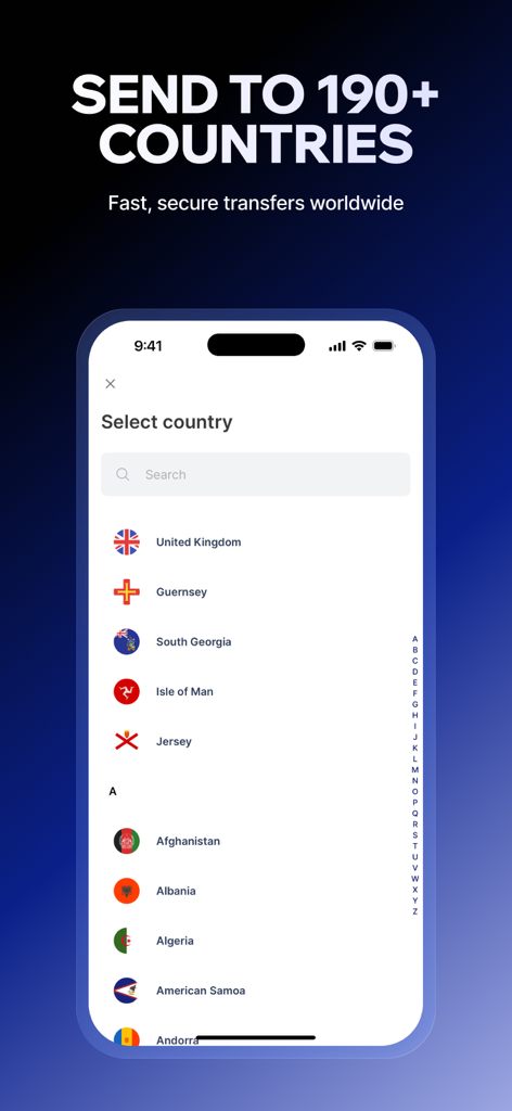 Pantalla de la aplicación Xe que muestra la lista de países disponibles para transferencias internacionales de dinero