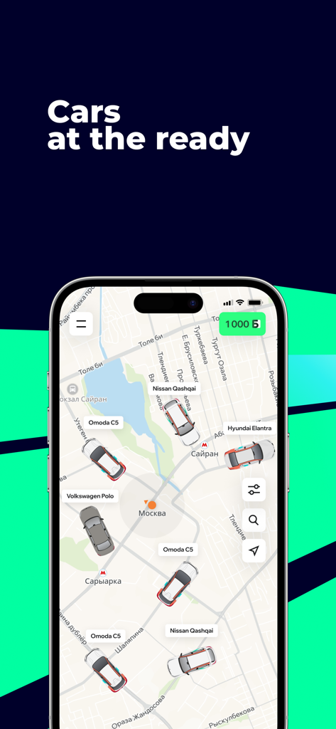 Anytime: carsharing Kazakhstan - アルマトイ・カザフスタンでの利用可能な車の場所を示すAnytimeカーシェアリングアプリの地図ビュー