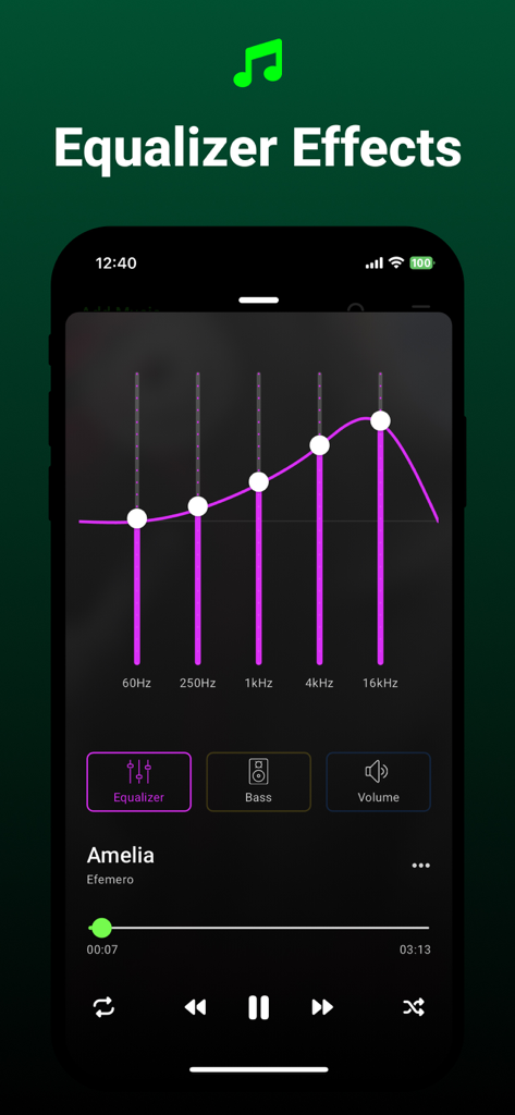 Interfaz de la aplicación Bass and Volume Booster mostrando un ecualizador de 5 bandas con barras de frecuencia ajustables y controles del reproductor de música