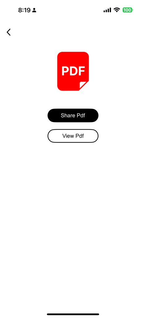 Lock Pdf & Unlock PDF Offline - Un'interfaccia di app mobile che visualizza un'icona PDF rossa con pulsanti per condividere o visualizzare un documento PDF.
