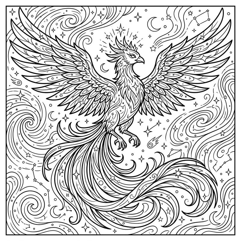 Embark on an ethereal journey with our stunning Celestial Phoenix coloring page, showcasing a mythical bird surrounded by cosmic wonders. This intricate design invites you to bring a vibrant universe to life with your unique color palette.
