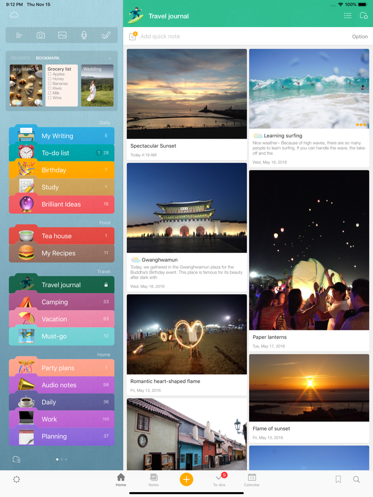Awesome Note 2 iPad interface showing a visual travel journal and organized colorful folders