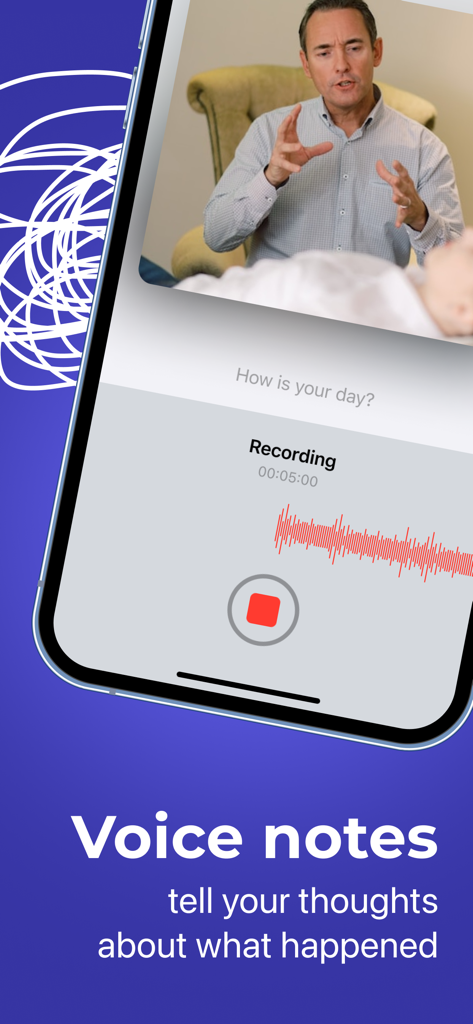 ボイスノート録音機能が表示されたメンタルヘルスアプリのインターフェース。波形と停止ボタンがあります。