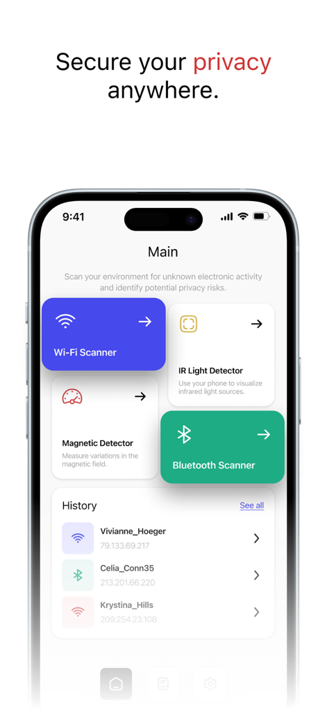 Device Detect - Scanner Secret - Device Detect app main interface showing scanners for Wi-Fi, IR light, and magnetic signals.