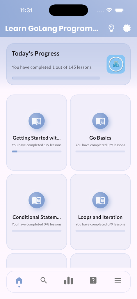 Learn Go Lang | GoPrgramming - Schermata principale dell'app Impara Go Lang che mostra un curriculum di lezioni di programmazione e il monitoraggio dei progressi