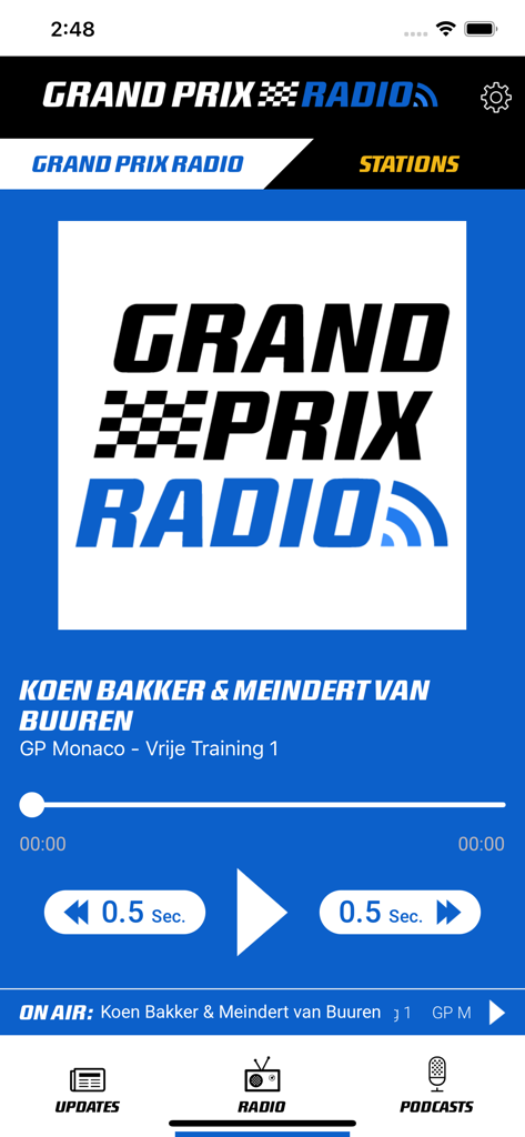 Grand Prix Radio app player interface featuring audio sync controls for racing commentary
