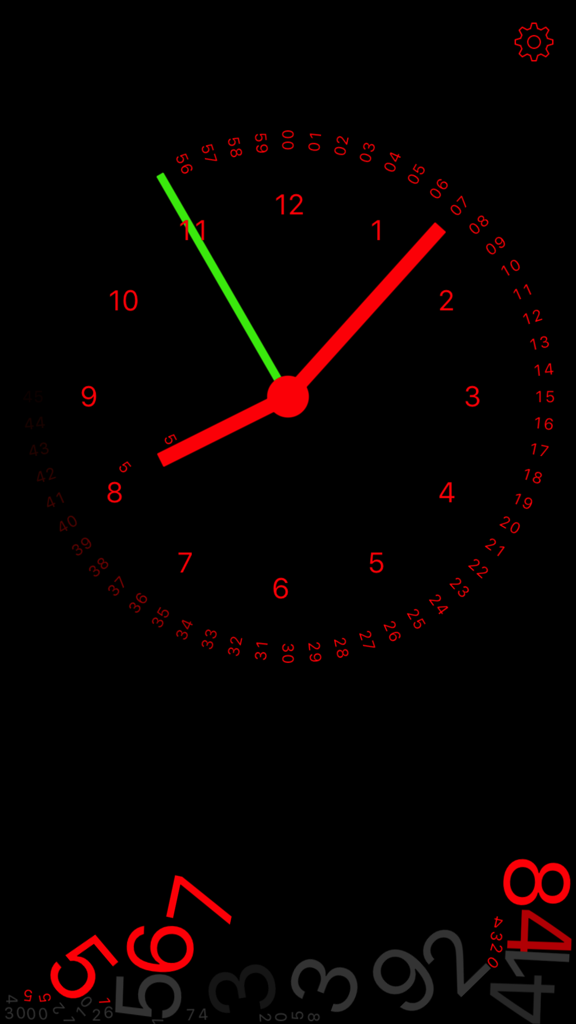 Minimalist analog clock with red numbers falling and piling at the bottom of a black screen