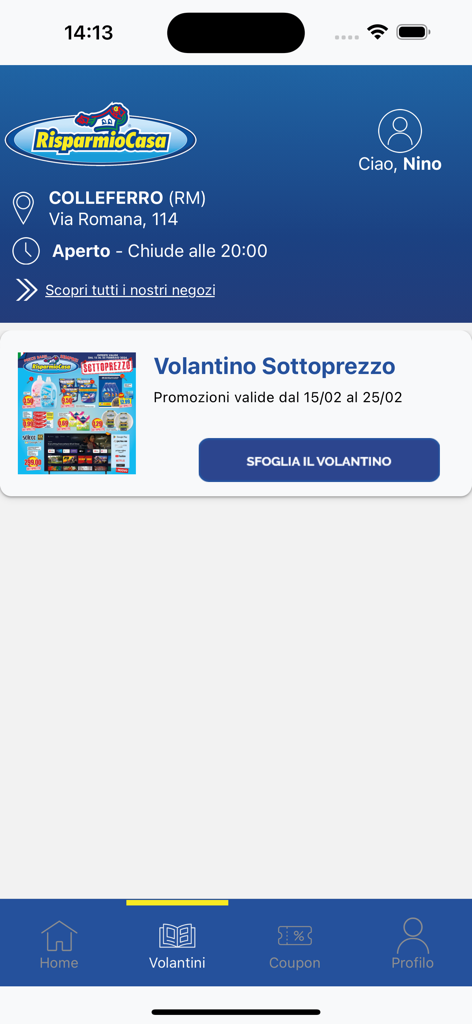 Interfaccia dell'app Risparmio Casa che mostra la sezione volantini digitali e le informazioni sulla posizione del negozio