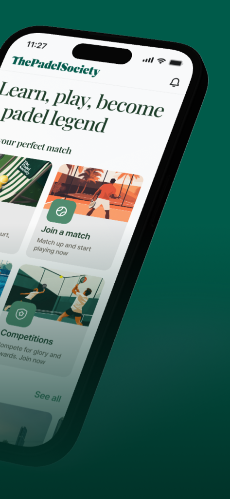 The Padel Society mobile app interface showing options to join a match and browse competitions.