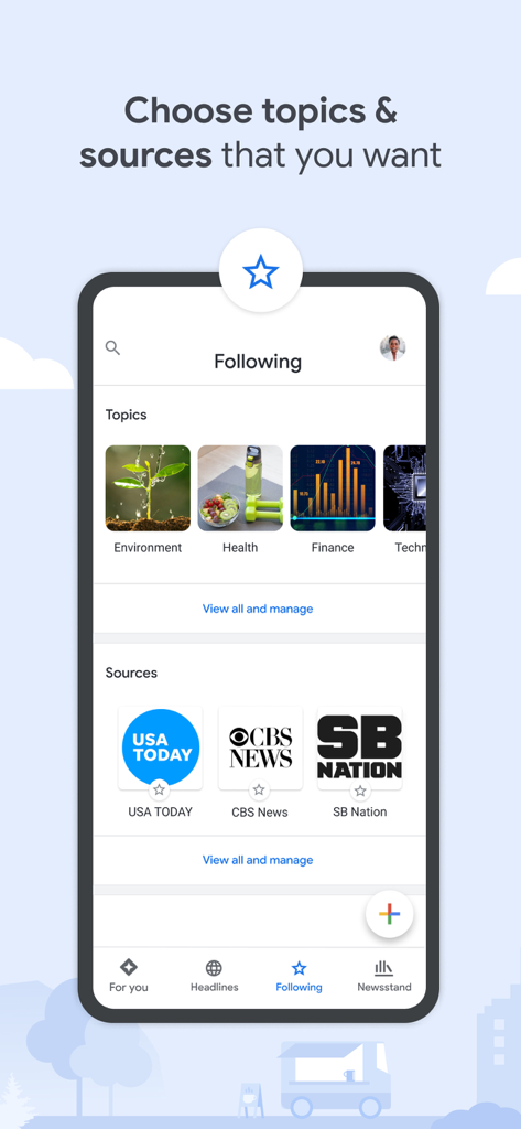 A mobile screen showing the Google News app Following section where users can choose specific news topics and sources