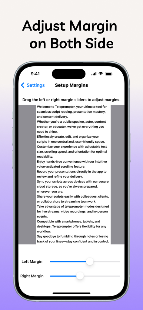 Floating Notes Teleprompter - Schermata dello smartphone che mostra le impostazioni di regolazione dei margini per uno script di app teleprompter