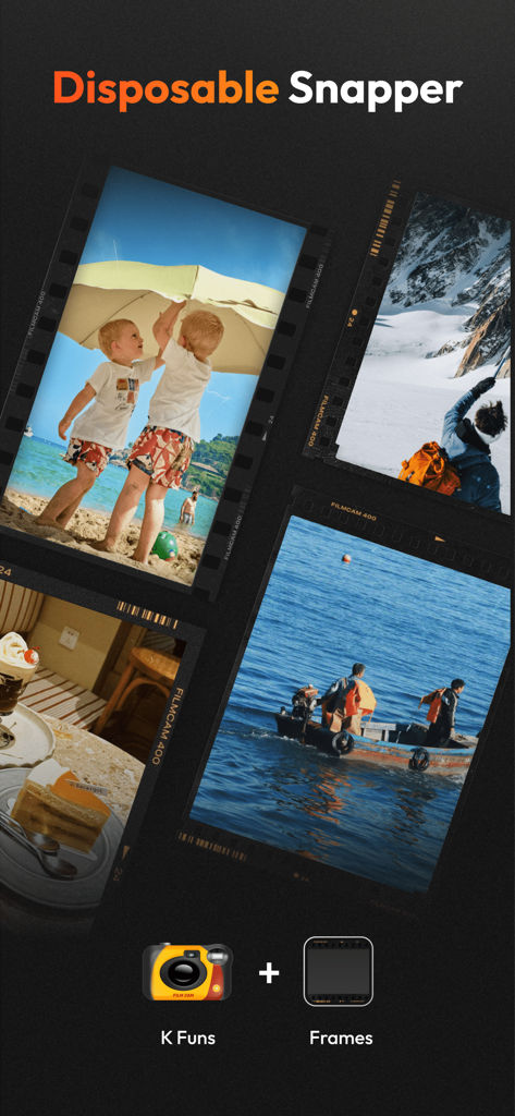 Interfaz de la aplicación de fotografía vintage que muestra fotos con el filtro de cámara desechable K Funs y marcos de película analógica