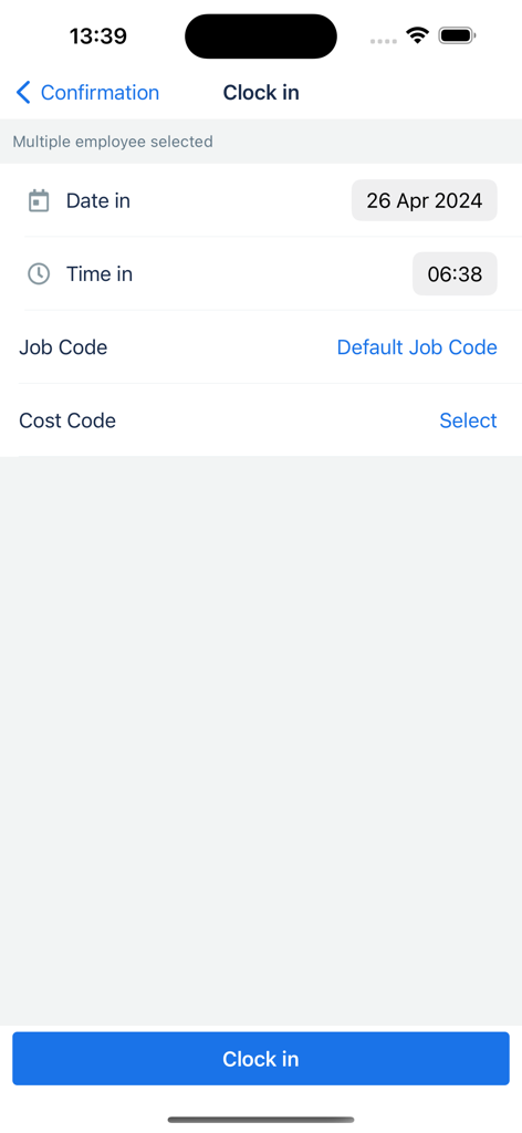 TimeClock Plus Manager - Interface for clocking in multiple employees at once on the TimeClock Plus Manager app
