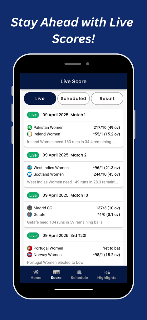 Styxsports - Styxsports app interface displaying real time cricket scores for multiple live matches