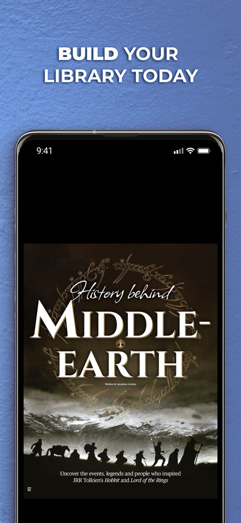 All About History Magazine - Pantalla de smartphone mostrando un artículo titulado La historia detrás de la Tierra Media en la aplicación All About History Magazine.