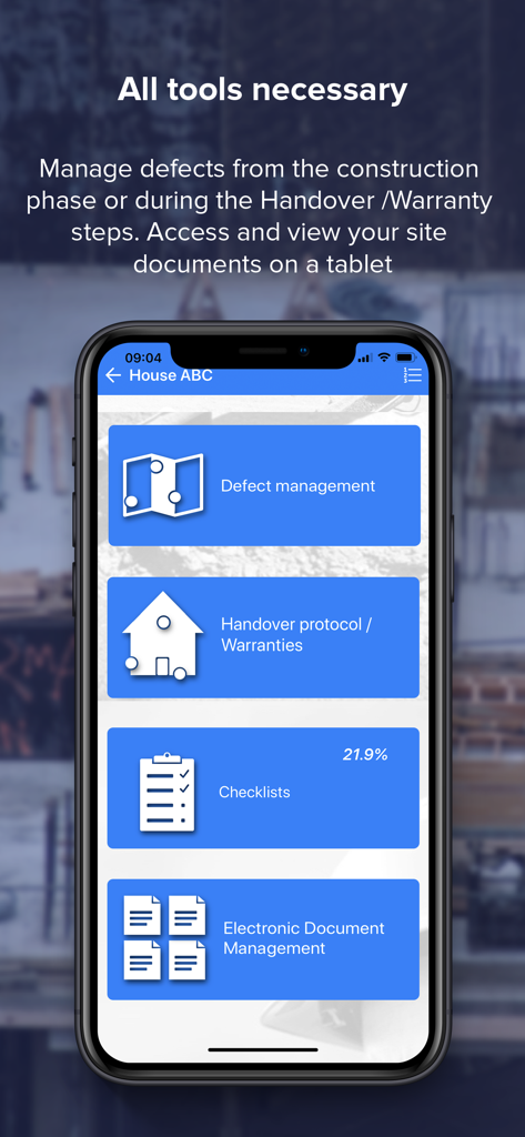 Site Supervision - Mobile interface of Site Supervision app showing tools for defect management handover protocol and checklists